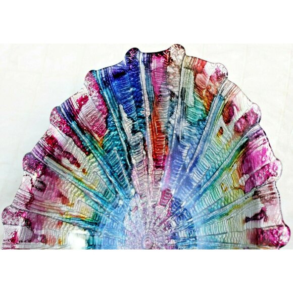 Metallic Rainbow Art Glass Bowl Serving Display Scalloped Shell Oval Texture - Picture 6 of 9